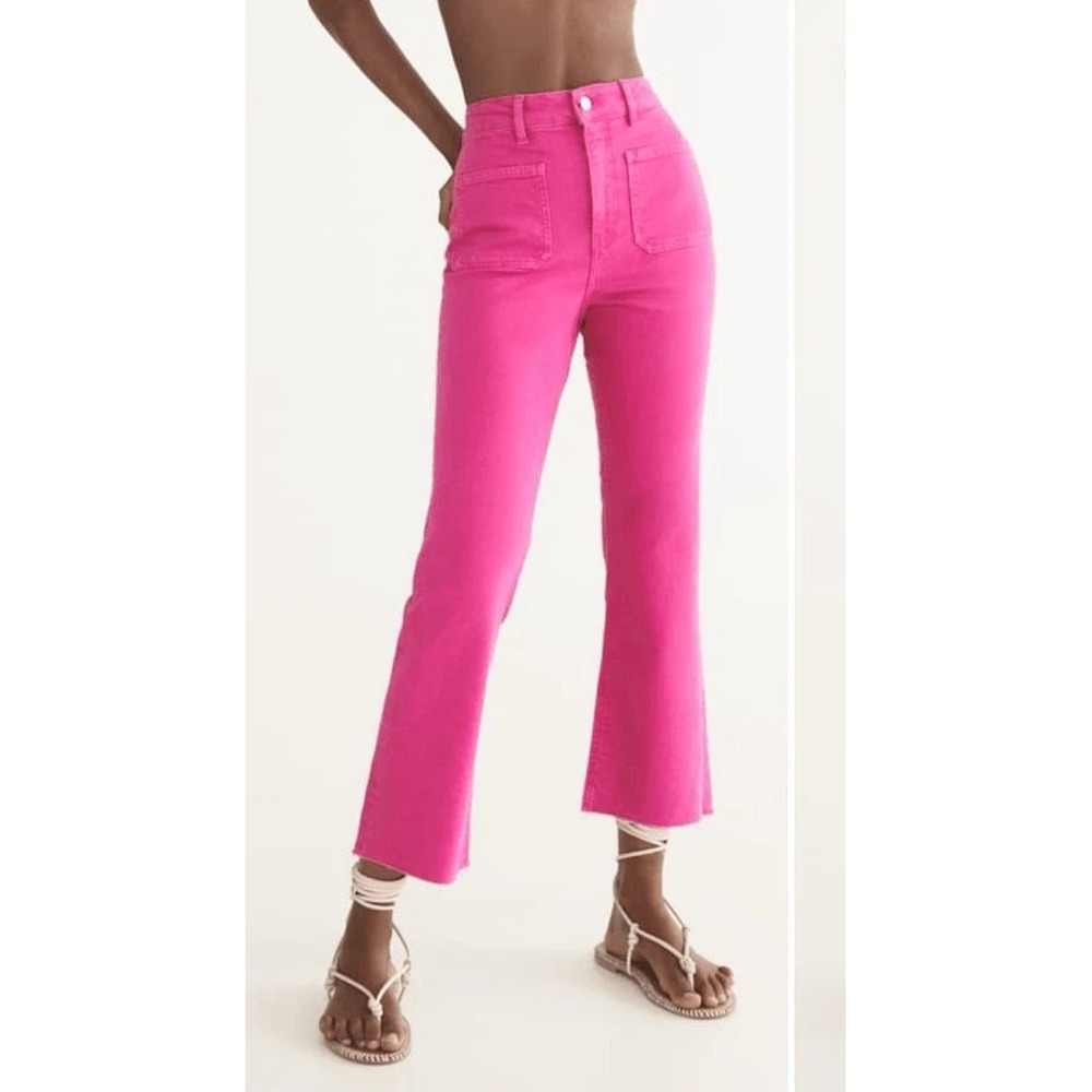 Zara Jeans Sailor Wide Leg Crop Flare Hot Pink Raw Hem High Rise